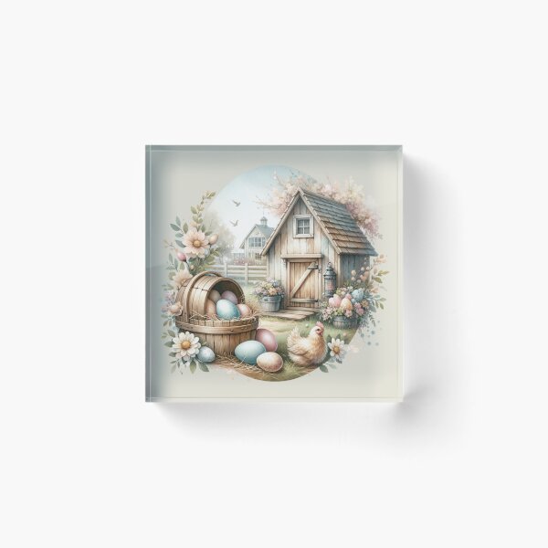 Item preview, Vintage scene, Easter chick, Easter eggs, flowers, wooden chalet, romantic designed and sold by Coolparrotgirl.