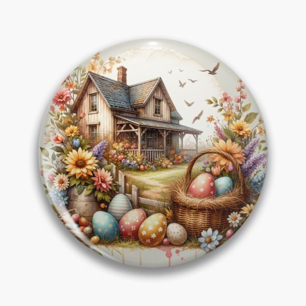 Item preview, Vintage scene, Easter chick, Easter eggs, flowers, wooden chalet, romantic designed and sold by Coolparrotgirl.