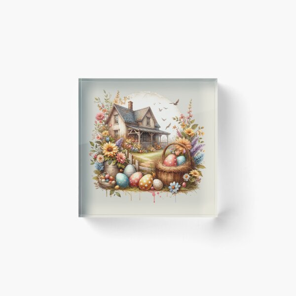 Item preview, Vintage scene, Easter chick, Easter eggs, flowers, wooden chalet, romantic designed and sold by Coolparrotgirl.