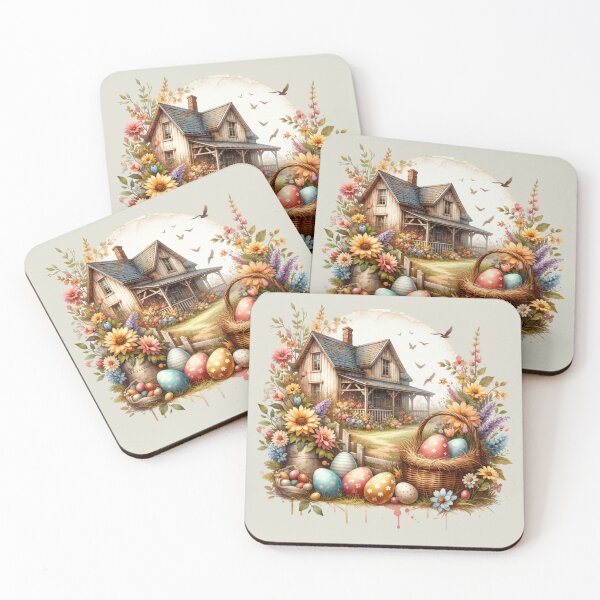 Item preview, Vintage scene, Easter chick, Easter eggs, flowers, wooden chalet, romantic designed and sold by Coolparrotgirl.