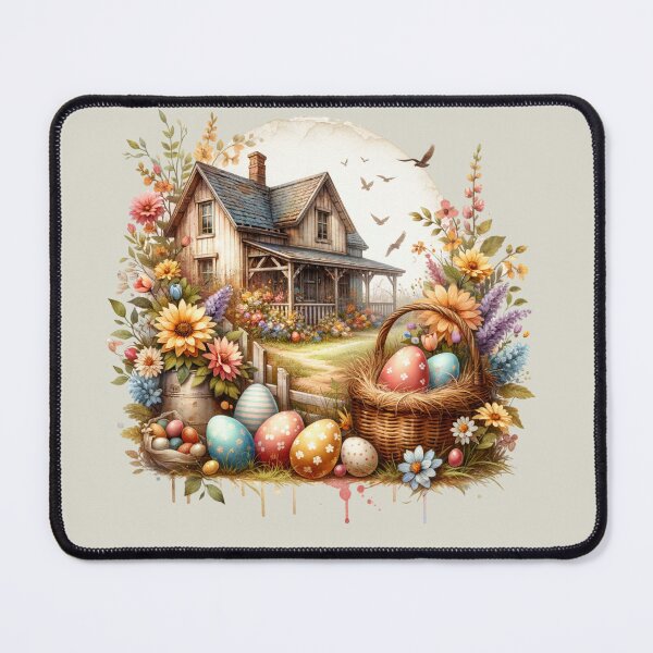 Item preview, Vintage scene, Easter chick, Easter eggs, flowers, wooden chalet, romantic designed and sold by Coolparrotgirl.