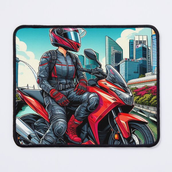 Item preview, Female Motorcyclist Taking a Break in Singapore – Stylish AI Design for Touring, Travel, and City Lovers on Apparel & Gear designed and sold by knalpot-design.