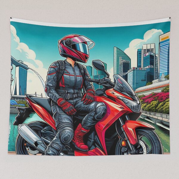 Item preview, Female Motorcyclist Taking a Break in Singapore – Stylish AI Design for Touring, Travel, and City Lovers on Apparel & Gear designed and sold by knalpot-design.