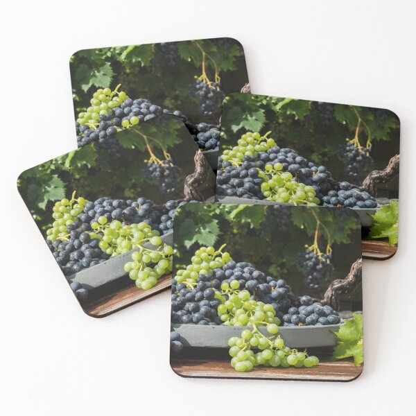 Item preview, decoration of bunches blue and white grapes on a scale with grape branches and leaves and the grape plant as background designed and sold by Por_photos.