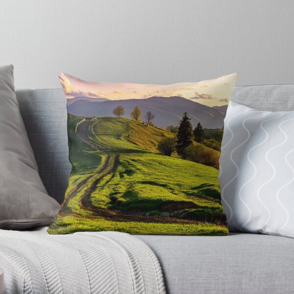 road through green hills at sunset Throw Pillow