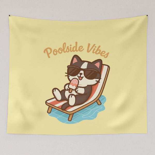 Item preview, Kawaii Cat Relaxing Poolside – Poolside Vibes designed and sold by GinColorist.