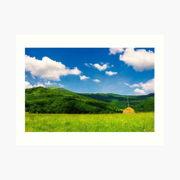 haystack on a grassy pasture in mountains Art Print
