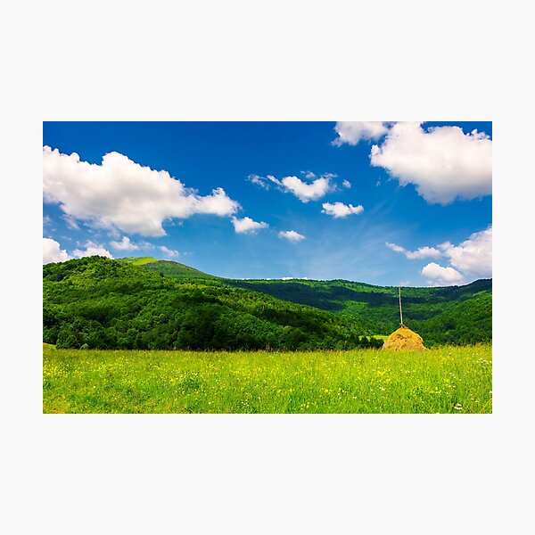 haystack on a grassy pasture in mountains Photographic Print