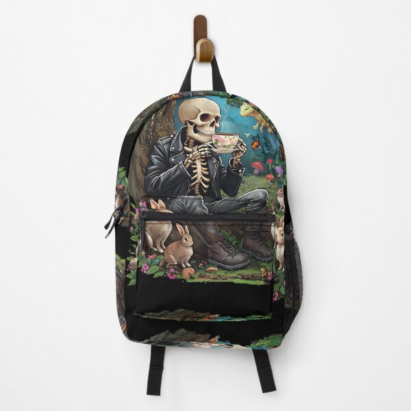 Item preview, Skeleton enjoys coffee amidst tranquil forest animals and tiny dragon designed and sold by PrettyDecor.