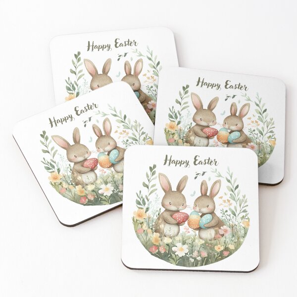 Item preview, Two adorable Easter bunnies holding colorful eggs surrounded by blooming spring flowers, celebrating the joy of Easter designed and sold by ArtPetrenko90.