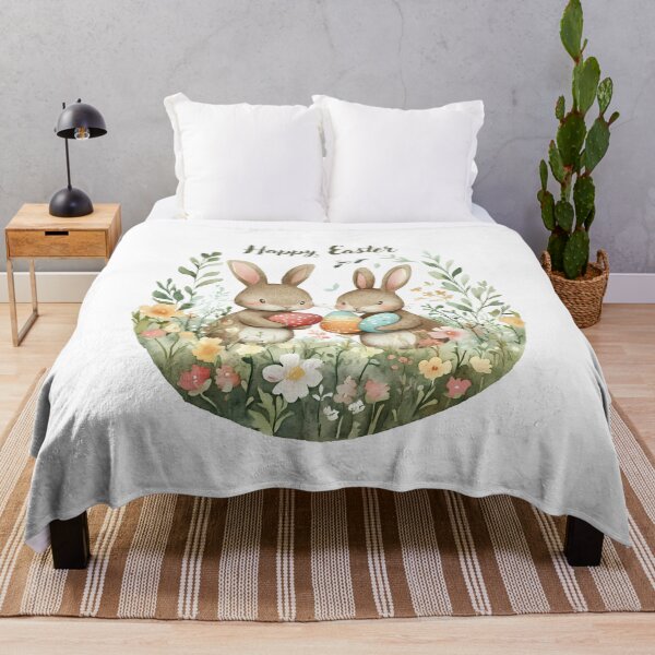 Item preview, Two adorable Easter bunnies holding colorful eggs surrounded by blooming spring flowers, celebrating the joy of Easter designed and sold by ArtPetrenko90.