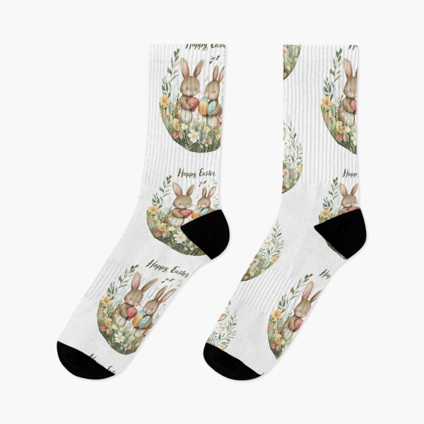 Item preview, Two adorable Easter bunnies holding colorful eggs surrounded by blooming spring flowers, celebrating the joy of Easter designed and sold by ArtPetrenko90.