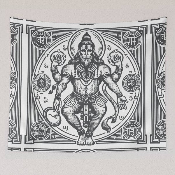 Item preview, Hanuman with chakras in woodcut style and charcoal color designed and sold by ZOXOFO.