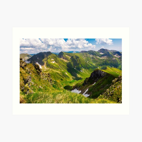valley with snow in summer mountains Art Print