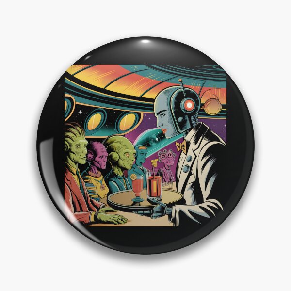 Item preview, Retro Sci-Fi Robot Bartender Serving Alien Patrons designed and sold by Into The Rabbit Hole.