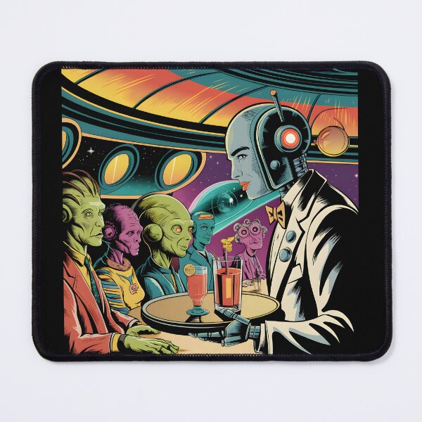 Item preview, Retro Sci-Fi Robot Bartender Serving Alien Patrons designed and sold by Into The Rabbit Hole.