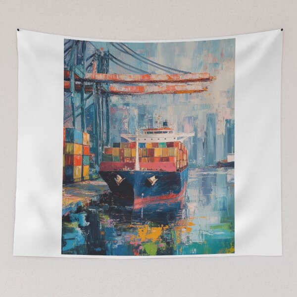 Item preview, Colorful Container Ship Port Painting – Urban Maritime Abstract Art designed and sold by AchaRat.