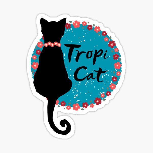 Artikel-Vorschau von Tropi Cat - Schwarze Katze mit Aqua-Hintergrund und Blumenrand, designt und verkauft von OozingOut.