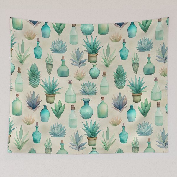 Item preview, cute tequila bottles and gave plants watercolor print designed and sold by dulceguavashop.