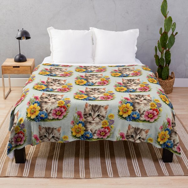 Item preview, Cute Vintage Kitten With Bright Colourful Flowers designed and sold by IrisAndIvy.