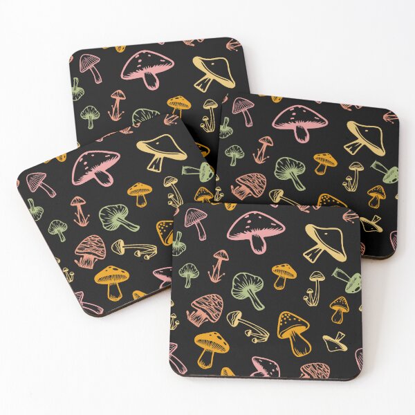 Item preview, Mushrooms pattern -  dark black - retro vintage colors forest theme foraging woods goblincore shrooms forestcore  designed and sold by Fantasy Cache.