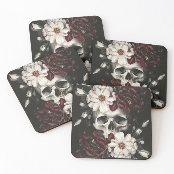 Item preview, Skull, dark red bordeaux and white flowers - feminine girly floral composition creepy art cottagecore  designed and sold by Fantasy Cache.