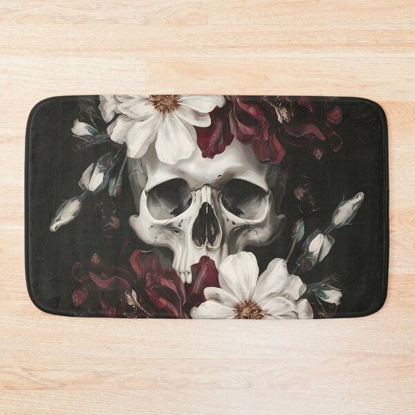 Item preview, Skull, dark red bordeaux and white flowers - feminine girly floral composition creepy art cottagecore  designed and sold by Fantasy Cache.