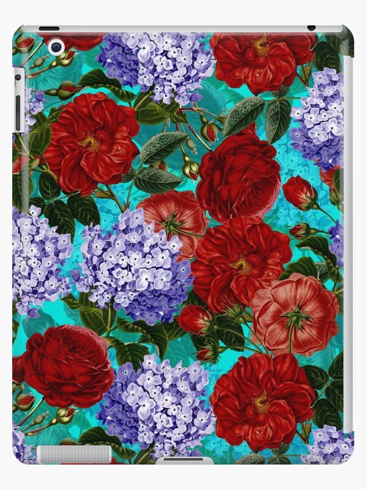 Funda y vinilo para iPad «Patrón vintage de rosas rojas y hortensias  azules» de UtArt | Redbubble