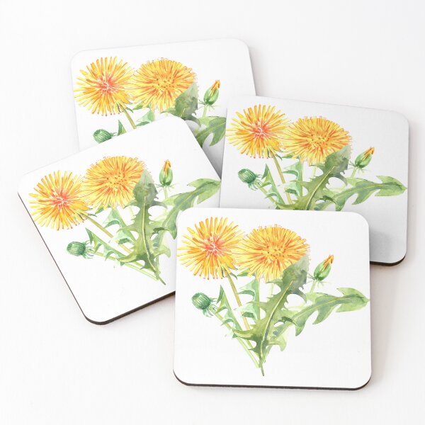Item preview, Four yellow dandelions two bloom two closed petals and leaves designed and sold by EmeraldeaArt.
