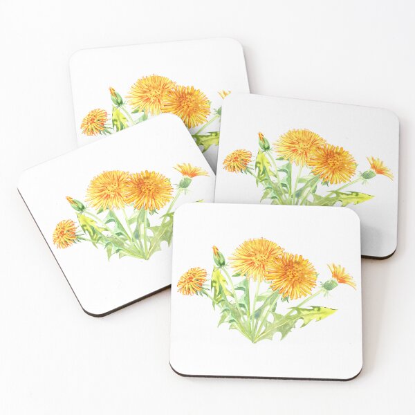 Item preview, Five yellow dandelions four bloom one closed petals and leaves designed and sold by EmeraldeaArt.