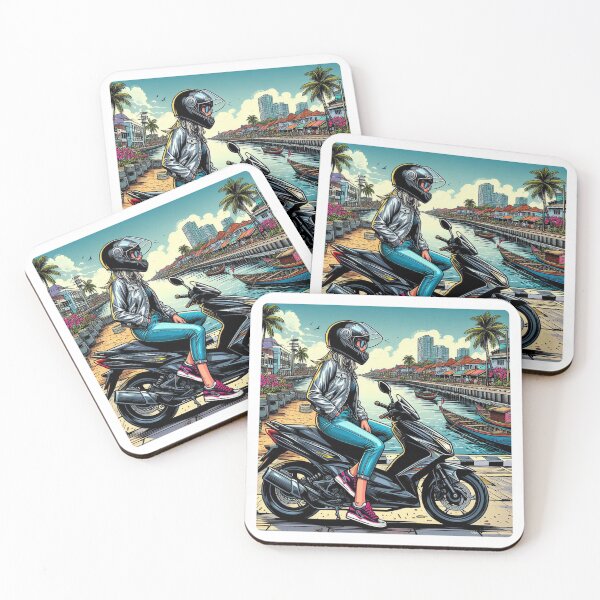 Item preview, Female Motorcyclist Taking a Break in Makassar, Indonesia – Perfect AI Design for Touring, Travel, and City Adventure Lovers designed and sold by knalpot-design.