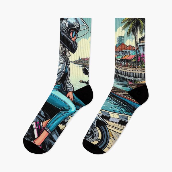 Item preview, Female Motorcyclist Taking a Break in Makassar, Indonesia – Perfect AI Design for Touring, Travel, and City Adventure Lovers designed and sold by knalpot-design.