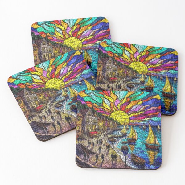 Item preview, Sunset Harbor: Coastal Village Through Stained Glass – Original Artwork designed and sold by LuxuryApparels.
