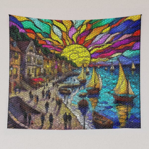 Item preview, Sunset Harbor: Coastal Village Through Stained Glass – Original Artwork designed and sold by LuxuryApparels.
