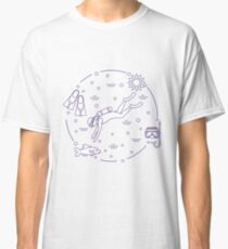 Mask, snorkel, flippers, sun, fish, scuba diver. Classic T-Shirt