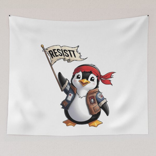 Item preview, Resist Penguin Rebel Bird with Flag and Red Headband designed and sold by ArtDesignTp.