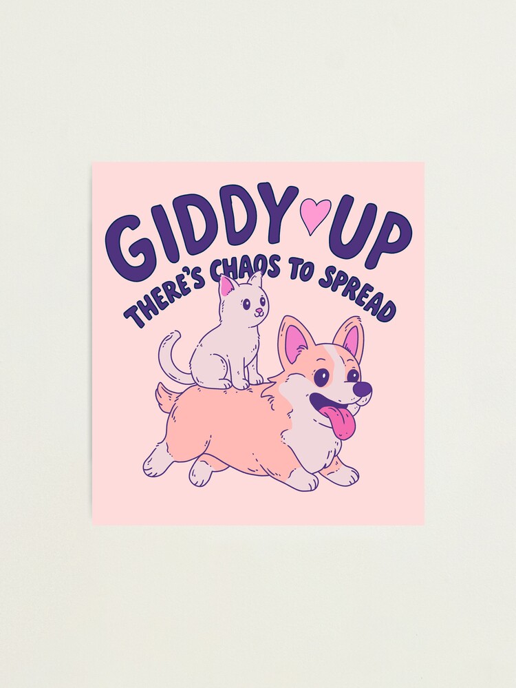 Thumbnail 1 of 3, Photographic Print, Giddy Up Chaos Duo – Cat on Corgi designed and sold by jess1586.