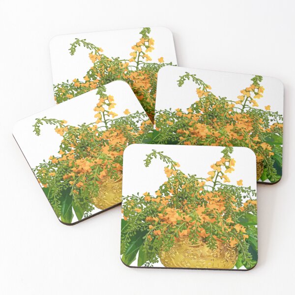 Item preview, vector illustration of beatuiful yellow padauk flower in a golden bowl. designed and sold by MiMee4451.