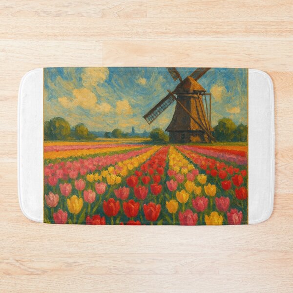 Item preview, Lisse Tulip Fields with Dutch Windmill in Spring designed and sold by Aryabek.