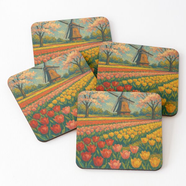 Item preview, Keukenhof Tulip Fields with Cherry Blossoms and Windmill designed and sold by Aryabek.