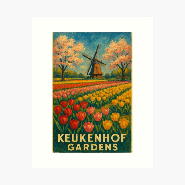 Item preview, Keukenhof Tulip Fields with Cherry Blossoms and Windmill designed and sold by Aryabek.