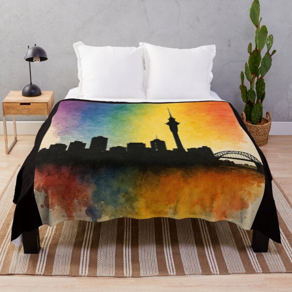 Item preview, Rainbow Watercolor Auckland Skyline with Sky Tower designed and sold by Aryabek.