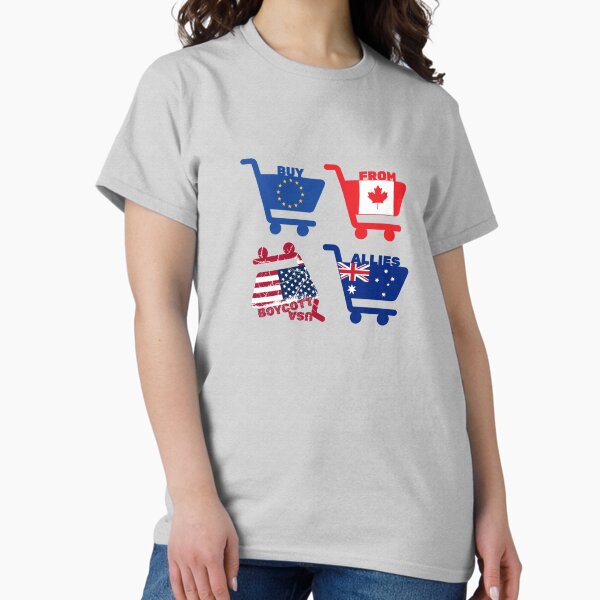 Vista previa del artículo con la obra «Compra de aliados: Boicot a EE. UU., Carritos de compra», diseñado y vendido por Boycott USA! Buy from allies!.
