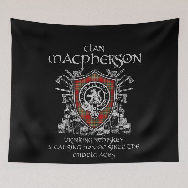 Item preview, Clan MacPherson Crubin drinking whiskey and causing havoc heritage crest tartan plaid designed and sold by Clan1093.