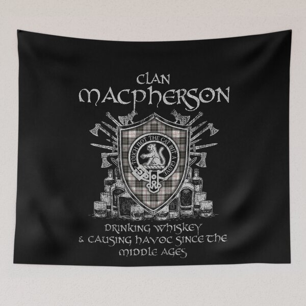 Item preview, Clan MacPherson of Cluny Black & White drinking whiskey and causing havoc heritage crest tartan plaid designed and sold by Clan1093.