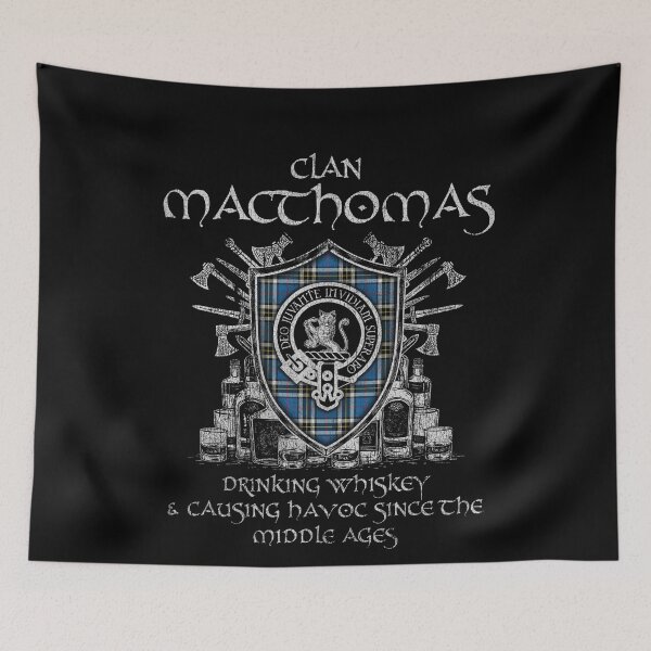 Item preview, Clan MacThomas Blue drinking whiskey and causing havoc heritage crest tartan plaid designed and sold by Clan1093.