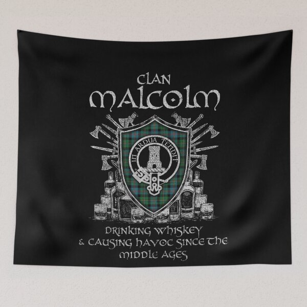 Item preview, Clan Malcolm drinking whiskey and causing havoc heritage crest tartan plaid designed and sold by Clan1093.