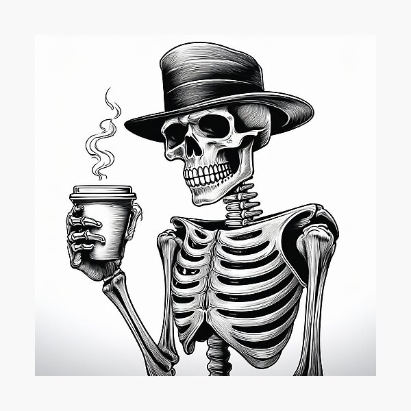 Artikel-Vorschau von Funny Skeleton with Coffee Cup – Black and White Line Art Drawing, designt und verkauft von Hamdy est 1985.