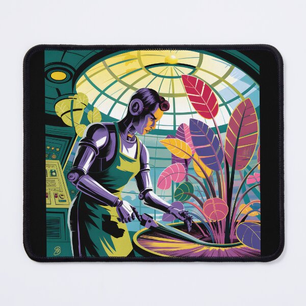 Item preview, Retro Sci-Fi Robot Botanist Tending Alien Plants designed and sold by Into The Rabbit Hole.