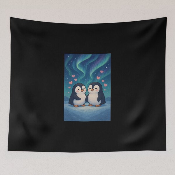 Item preview, two penguins in love looking at the northern lights designed and sold by SilentStyle.